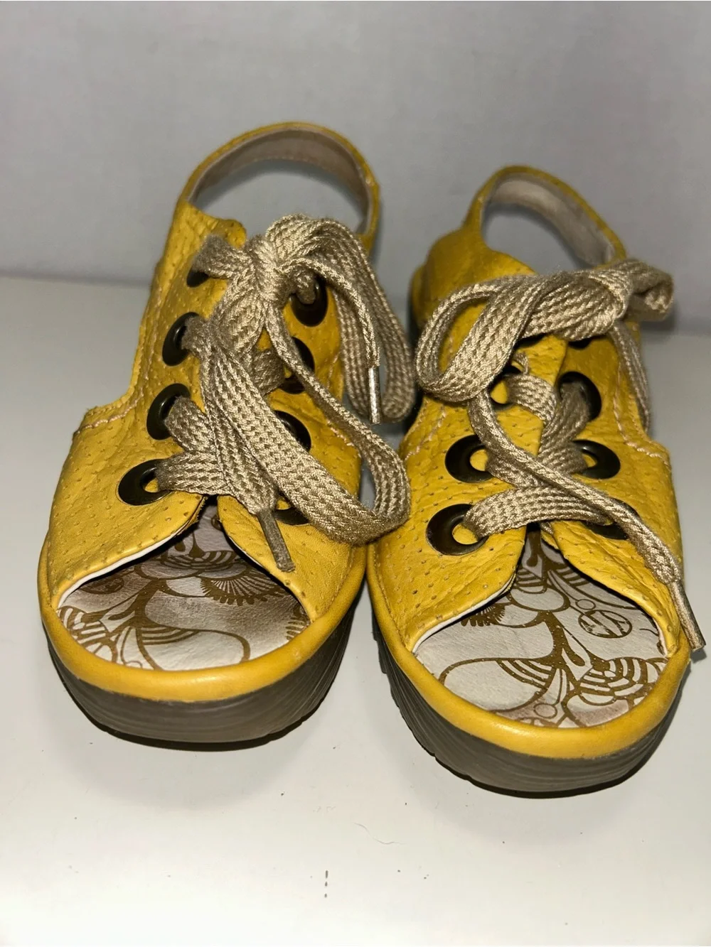 Fly London Ylva Yellow Perforated Leather Peep Toe Lace-Up Wedge Heel Sandal